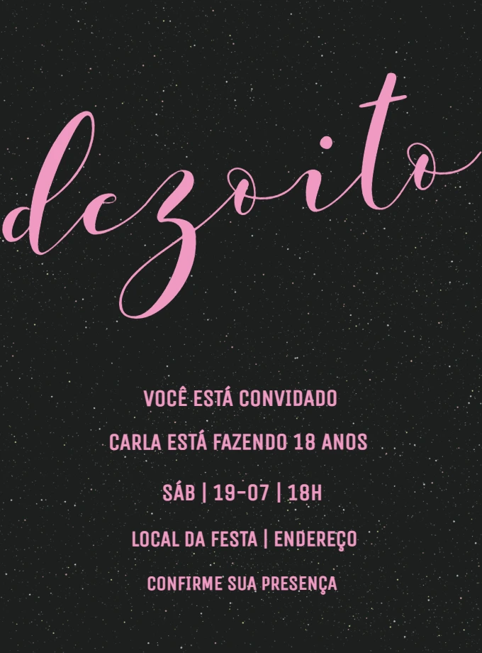 Convite de 18 Anos Minimalista Preto e Rosa para Editar Online