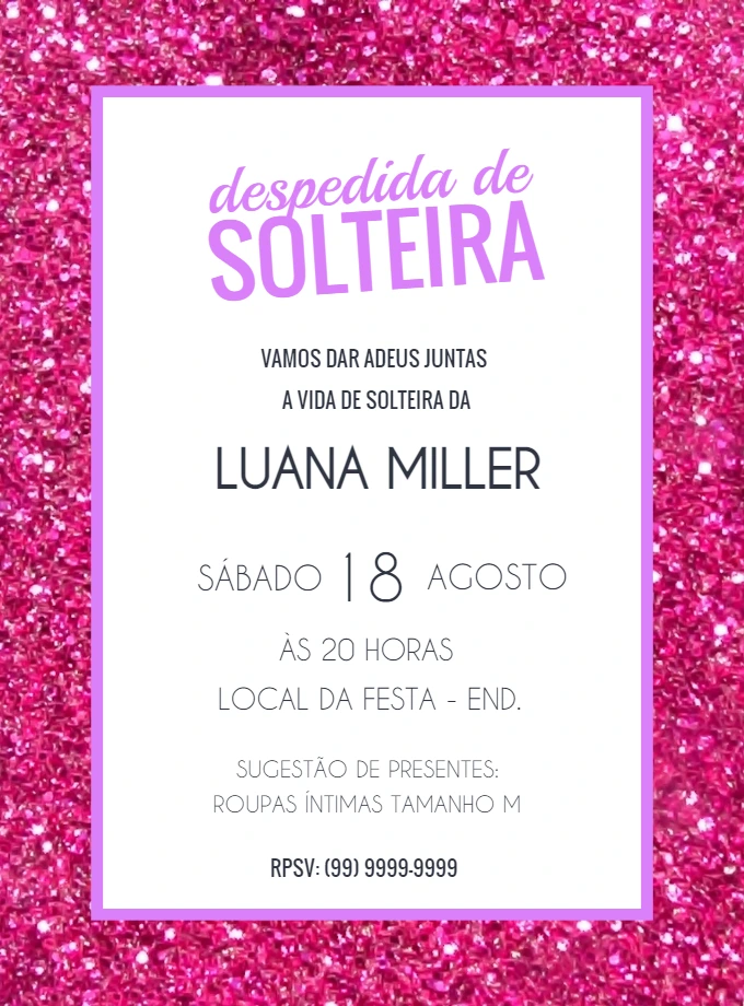 Convite Despedida de Solteira Glitter Rosa para Editar Online