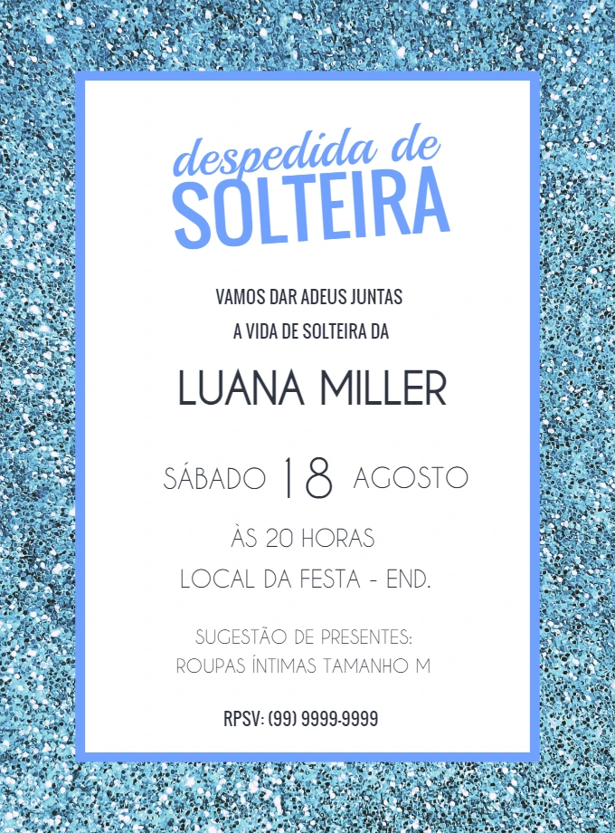 Convite Despedida de Solteira Glitter Azul para Editar Online