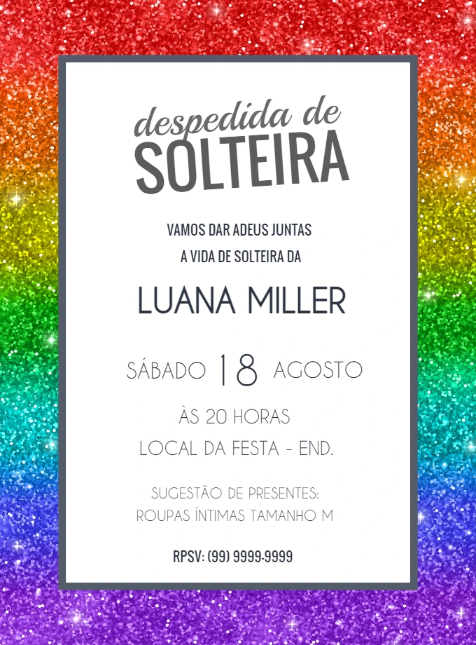 Convite Despedida de Solteira Arco-íris Glitter para Editar