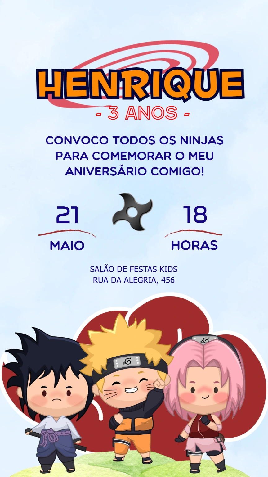 Convite Aniversário Naruto Toy com Personagens para Editar Online
