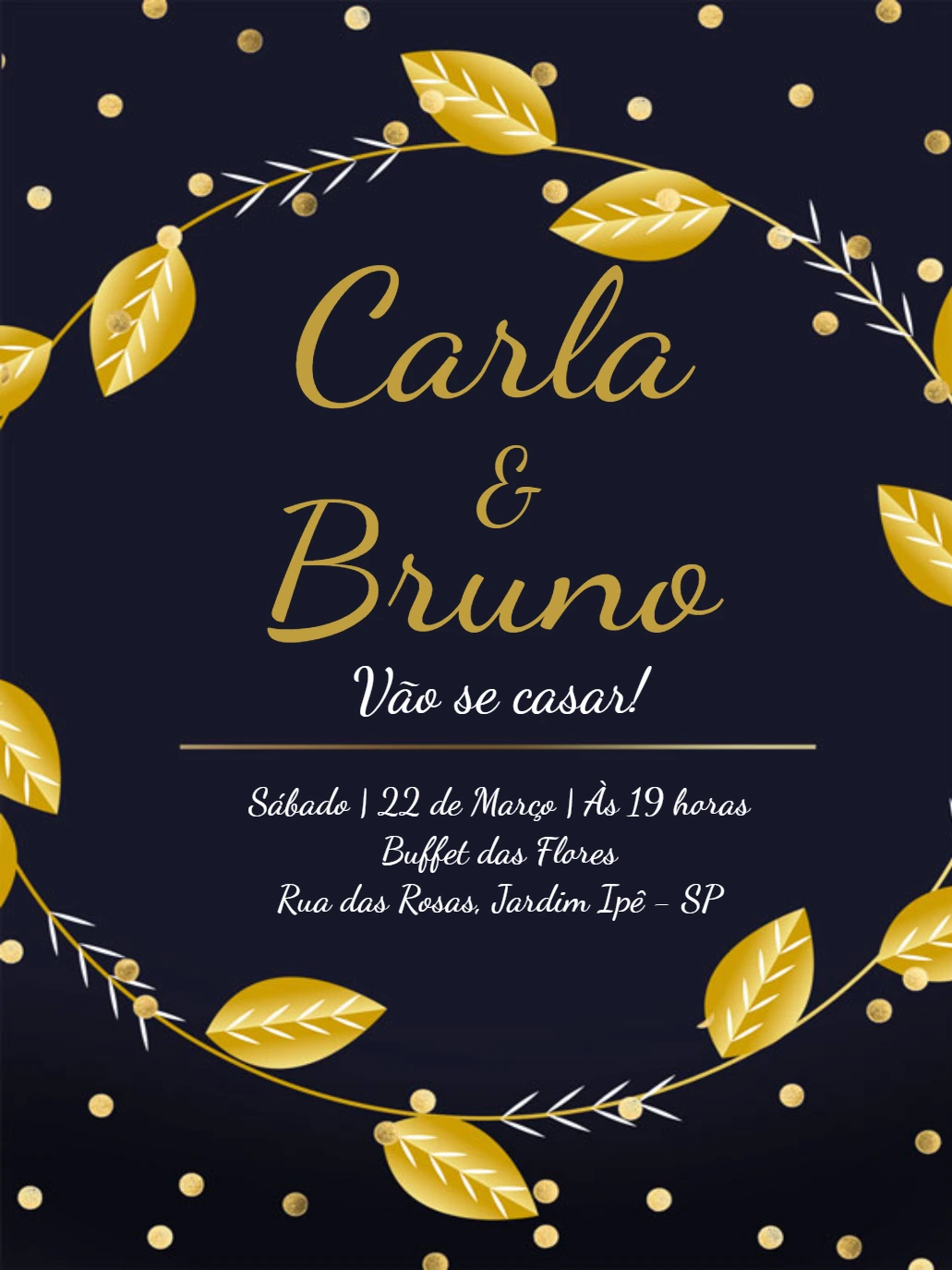 Convite de Casamento Azul Marinho e Dourado para Editar Online