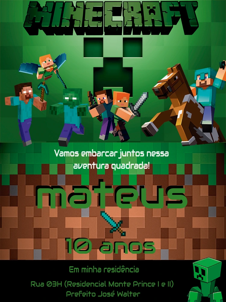 Convite de Aniversário Minecraft com Personagens para Editar