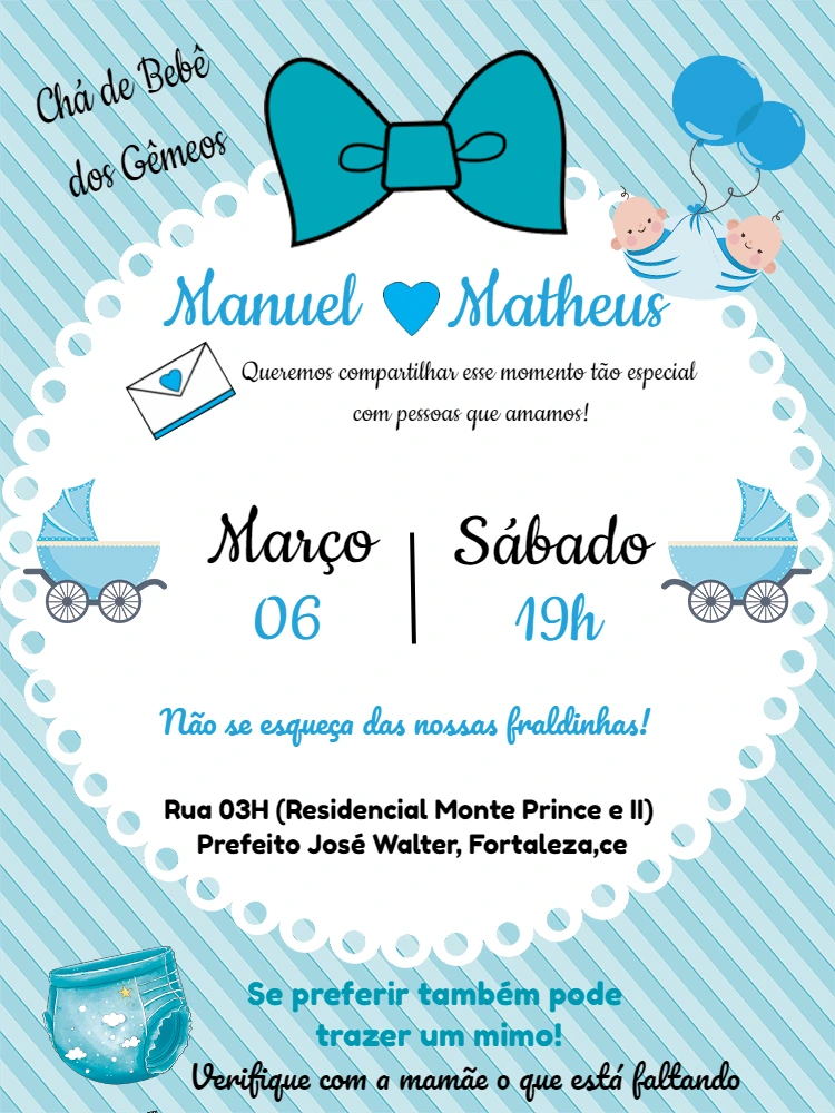 Convite Chá de Bebê Gêmeos Meninos com Laço Azul para Editar