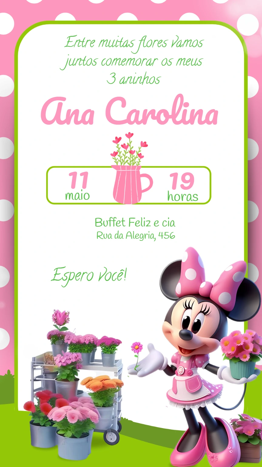 Convite Aniversário Minnie Jardineira para Editar Online