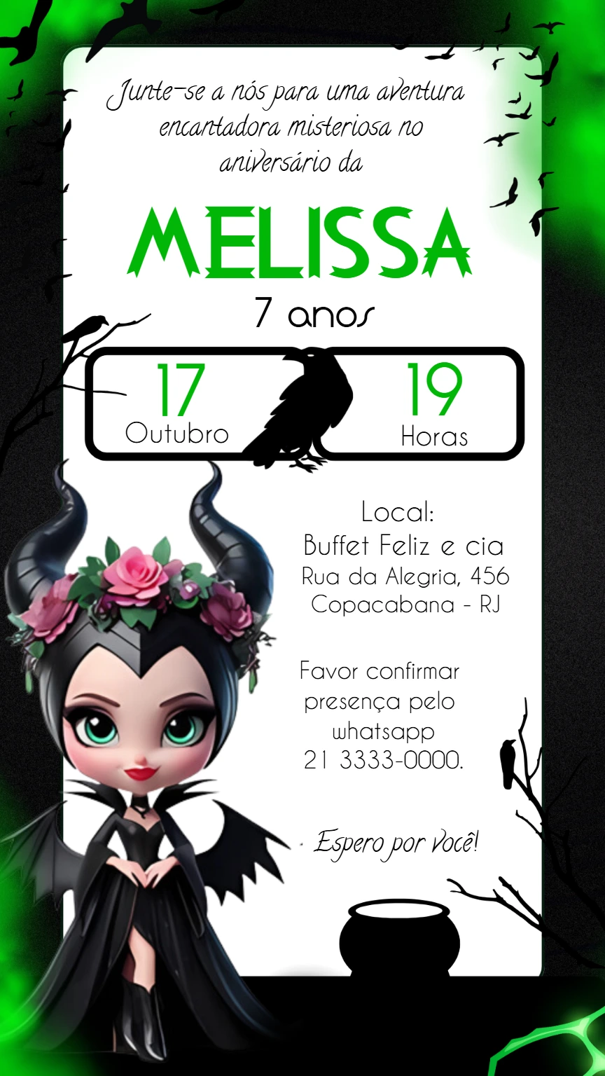 Convite Aniversário Malévola Misteriosa para Editar Online
