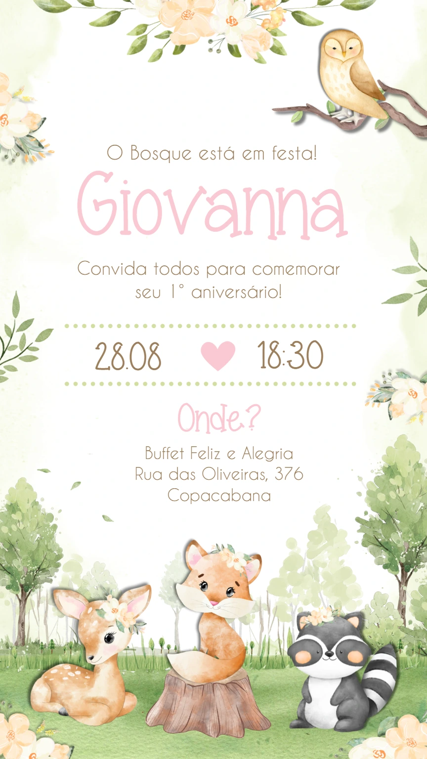 Convite Aniversário Bosque Encantado com Animais para Editar