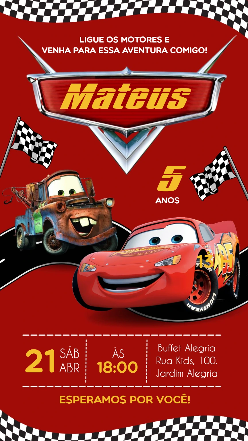 Convite de Aniversário Carros com Relâmpago McQueen para Editar