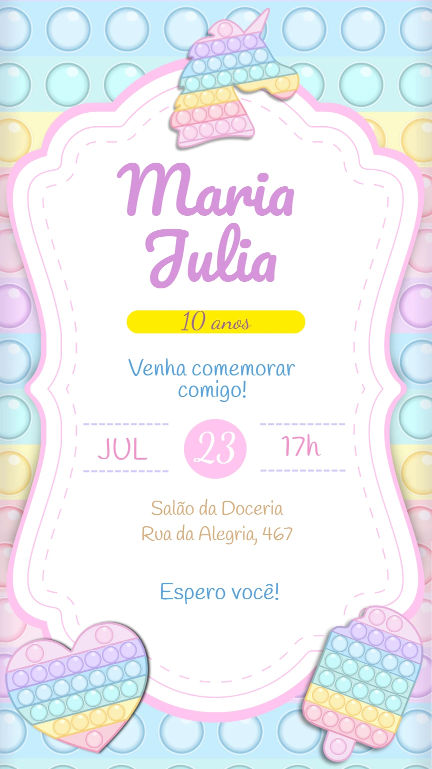 Convite Aniversário Pop It Unicórnio para Editar Online