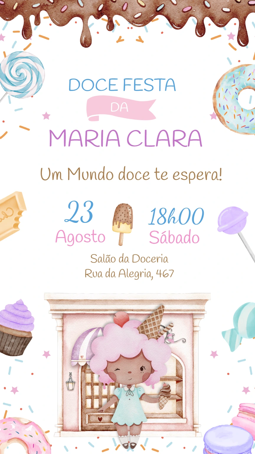 Convite Aniversário Mundo Doce com Doces para Editar Online