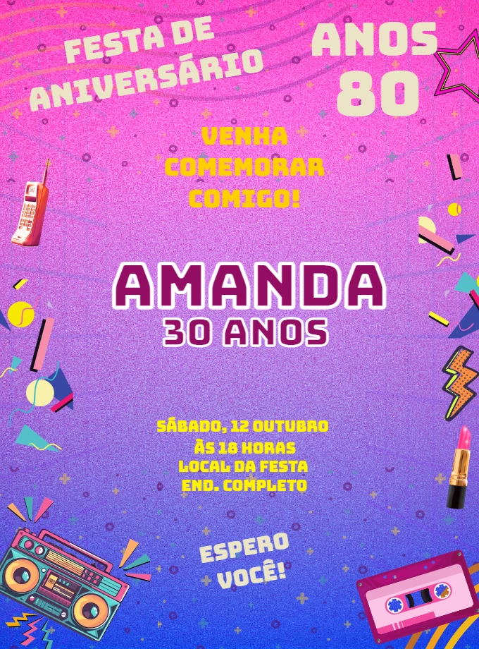Convite de Aniversário Anos 80 Retrô para Editar Online