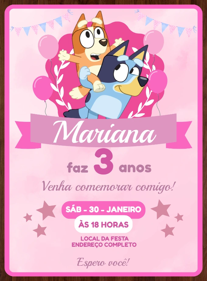 Convite Aniversário Bluey e Bingo Rosa para Editar Online