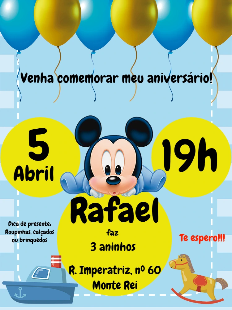 Convite de Aniversário Mickey Baby para Editar Online