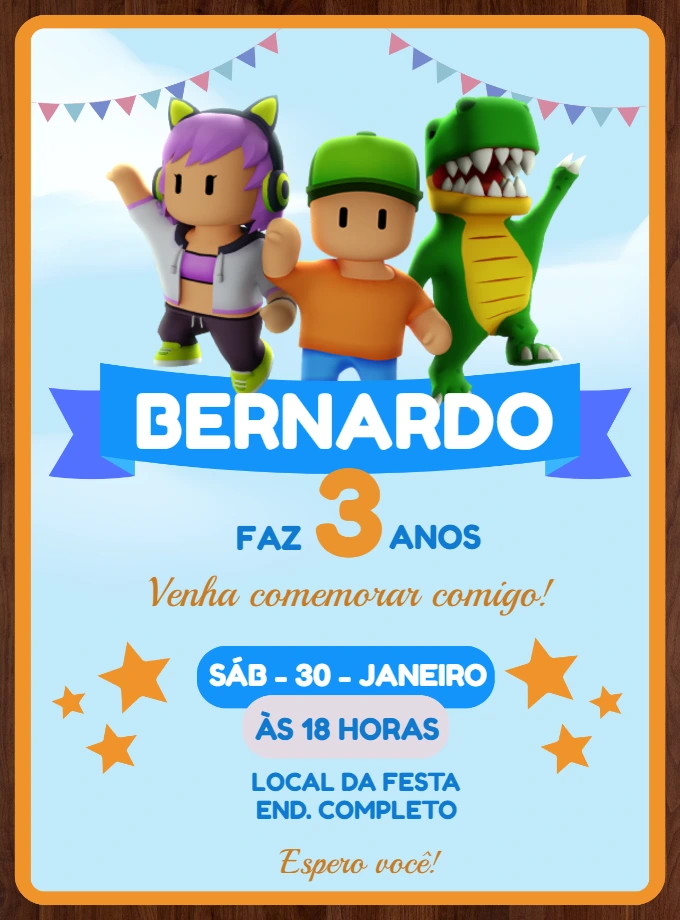 Convite Stumble Guys Editável Online para Aniversário Infantil