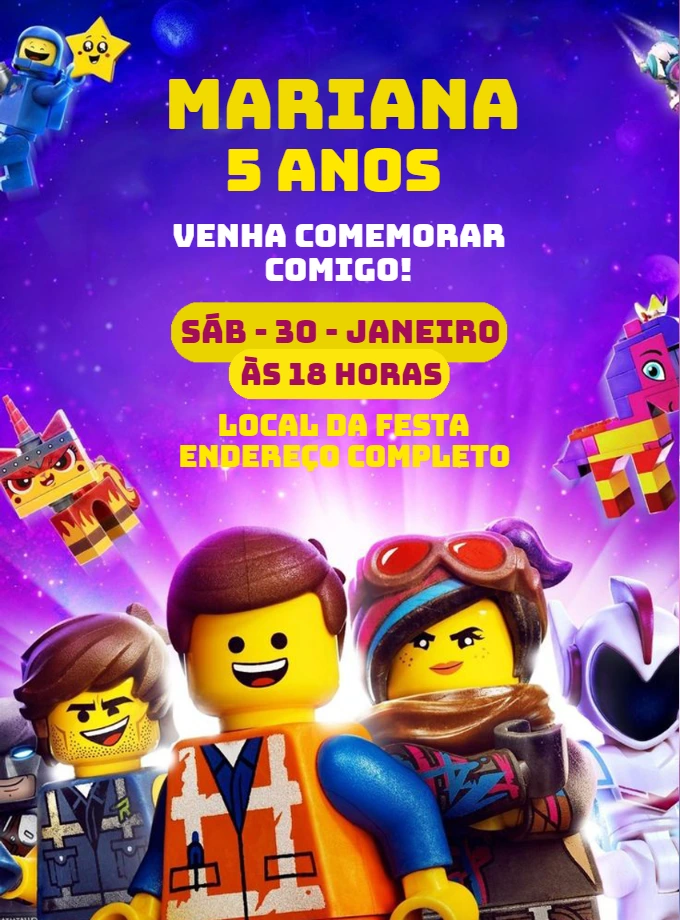 Convite de Aniversário Lego Movie com Personagens para Editar