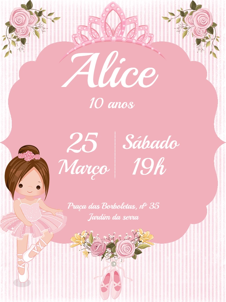 Convite de Aniversário Bailarina Princesa para Editar Online