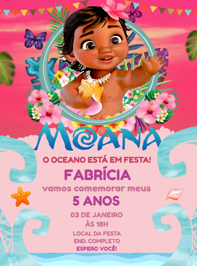 Convite de Aniversário Moana Baby para Editar Online