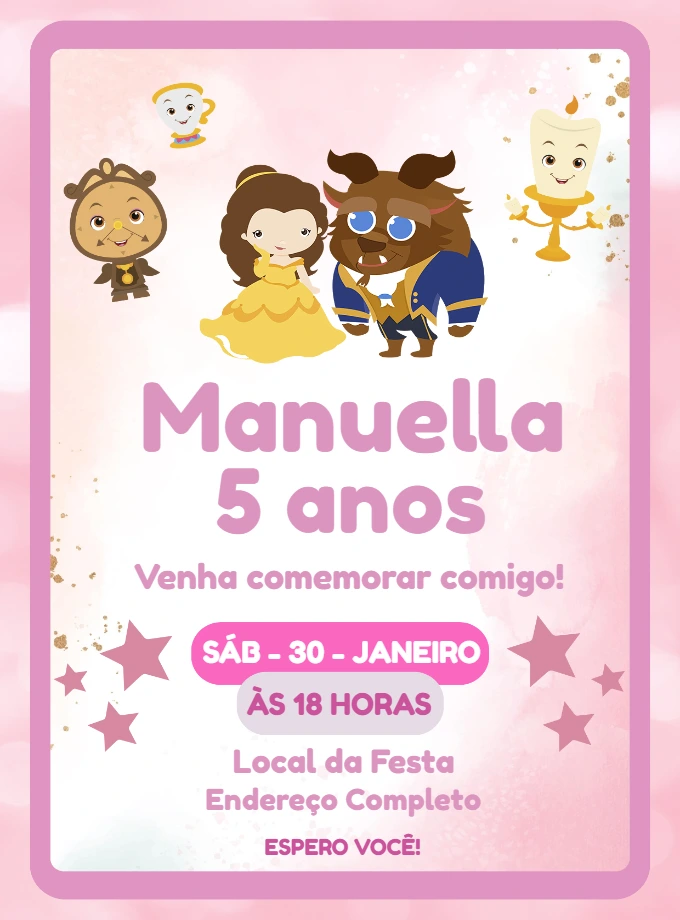 Convite Aniversário A Bela e a Fera Baby para Editar Online