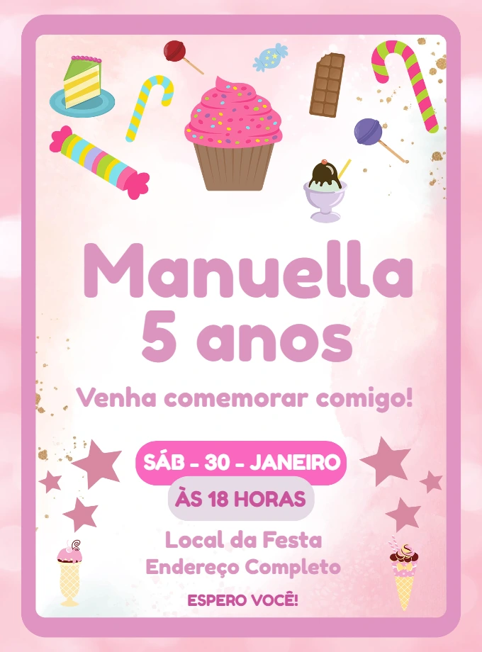 Convite de Aniversário Cupcake e Doces para Editar Online