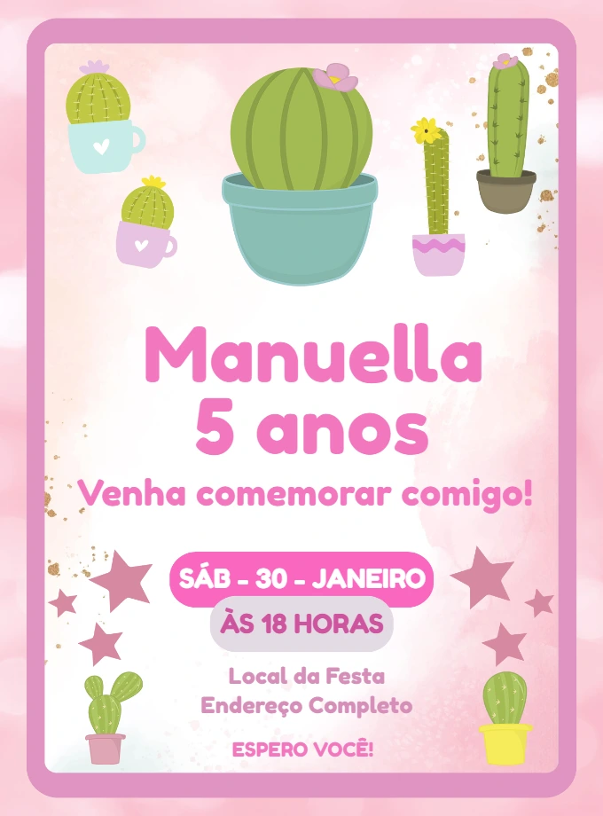 Convite de Aniversário Cactos Fofos para Editar Online
