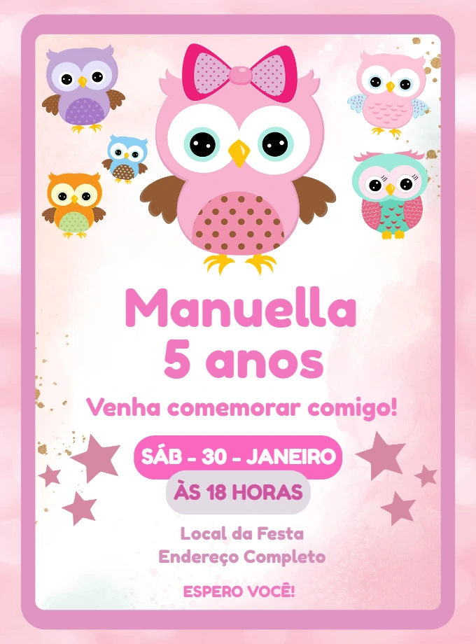 Convite Aniversário Corujinhas Rosa para Editar Online