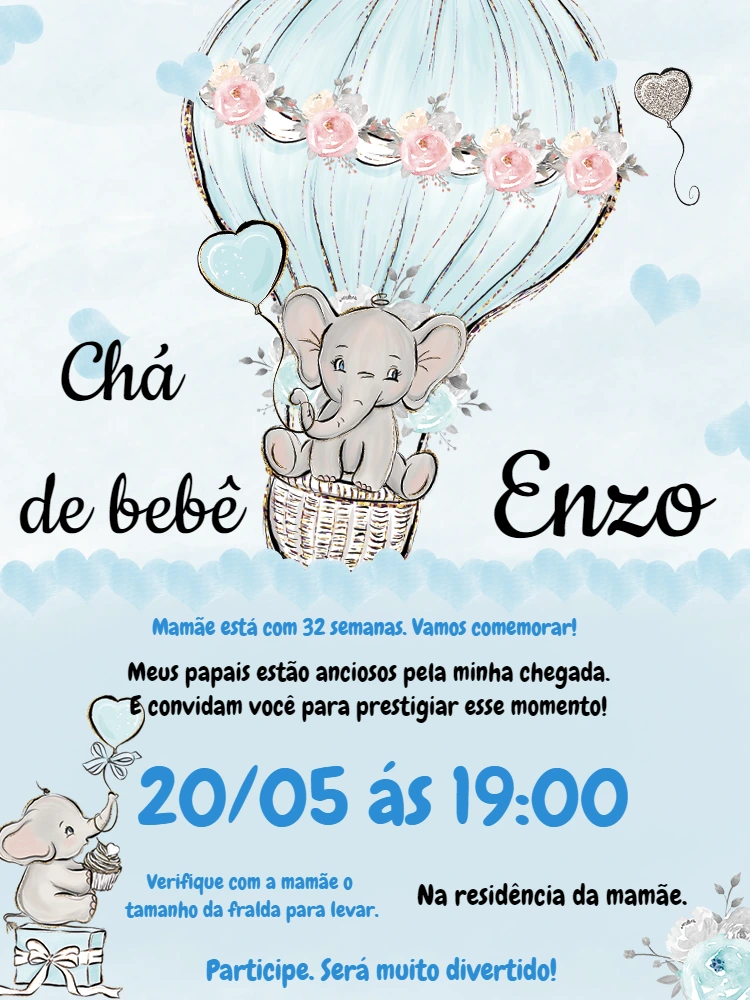 Convite Chá de Bebê Elefantinho no Balão para Editar Online