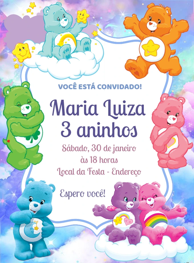 Convite Aniversário Ursinhos Carinhosos para Editar Online