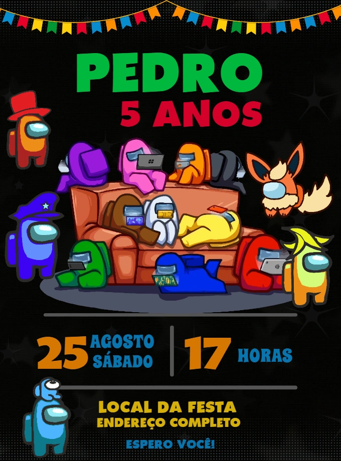 Convite de Aniversário Among Us com Tripulantes para Editar