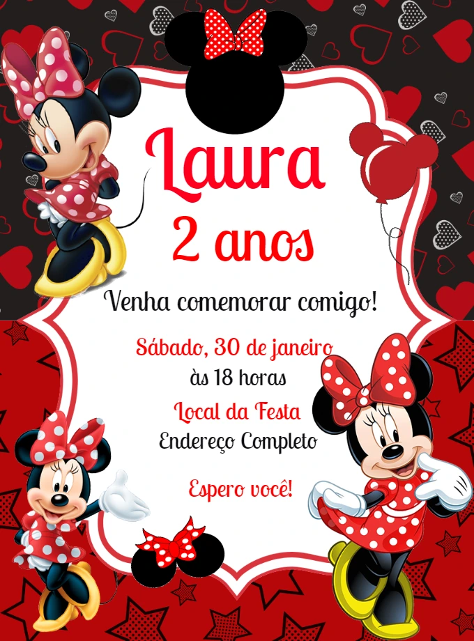 Convite de Aniversário Minnie Vermelha para Editar Online