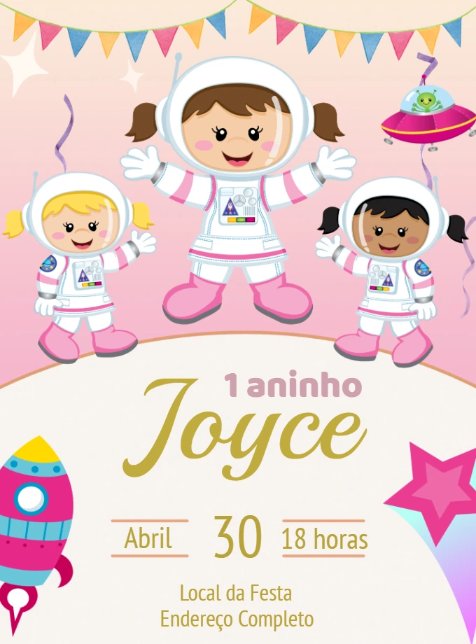 Convite Aniversário Astronauta Menina para Editar Online