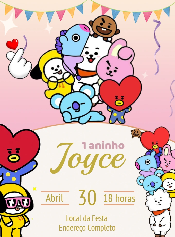 Convite de Aniversário BT21 com Personagens para Editar Online
