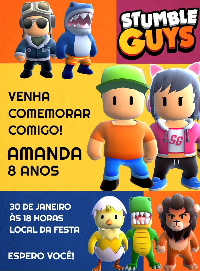Convite Aniversário Stumble Guys com Personagens para Editar