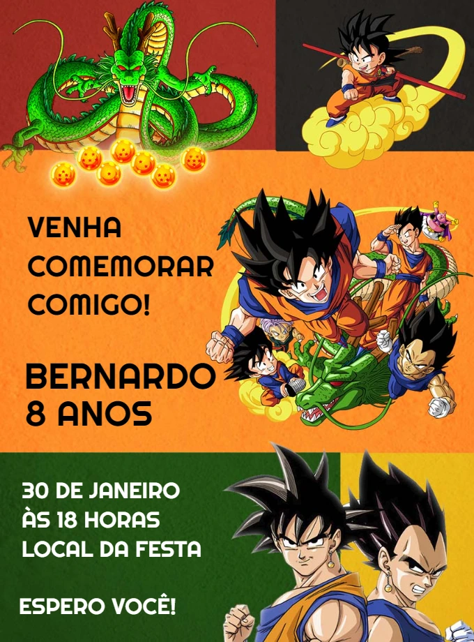 Convite de Aniversário Dragon Ball Z com Personagens para Editar