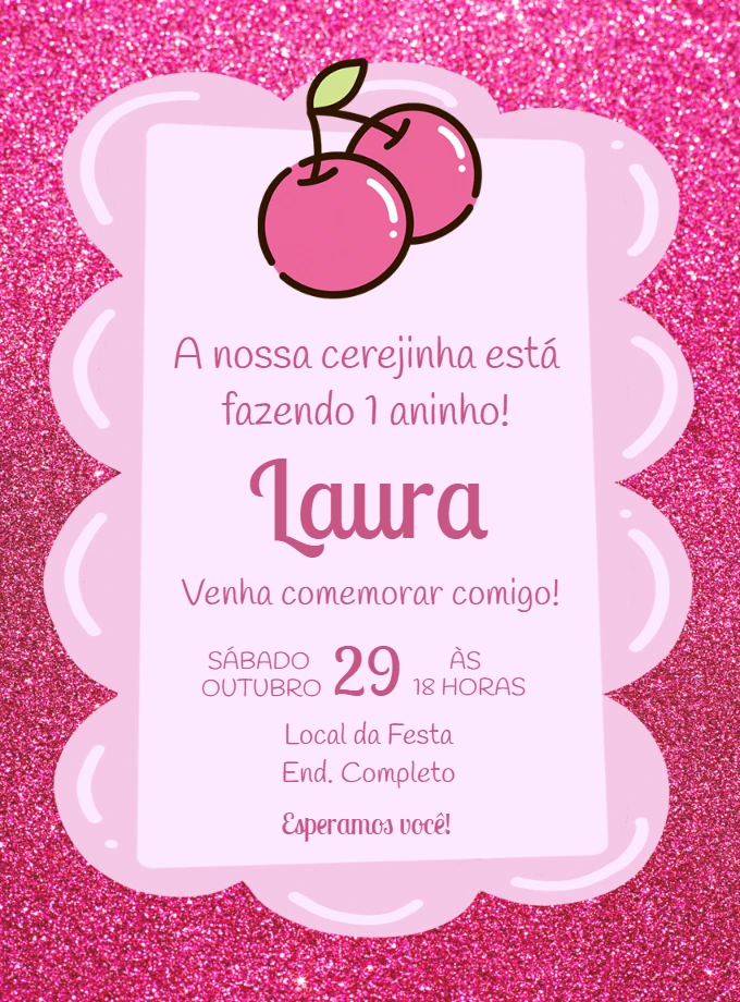 Convite Aniversário Cerejinha para Editar Online