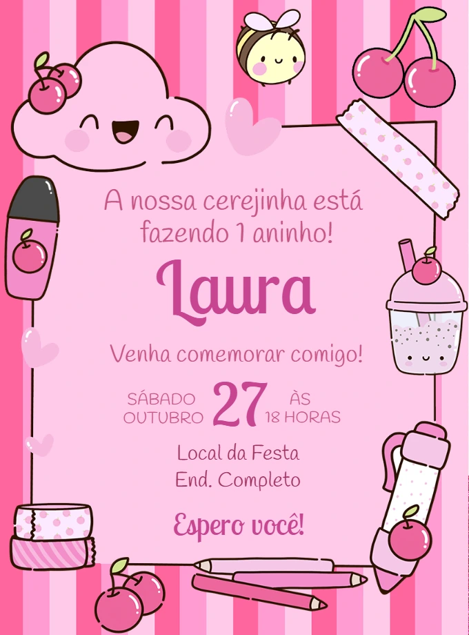Convite Aniversário Cerejinha Rosa para Editar Online