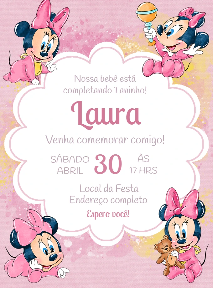 Convite de Aniversário Minnie Baby Rosa para Editar Online