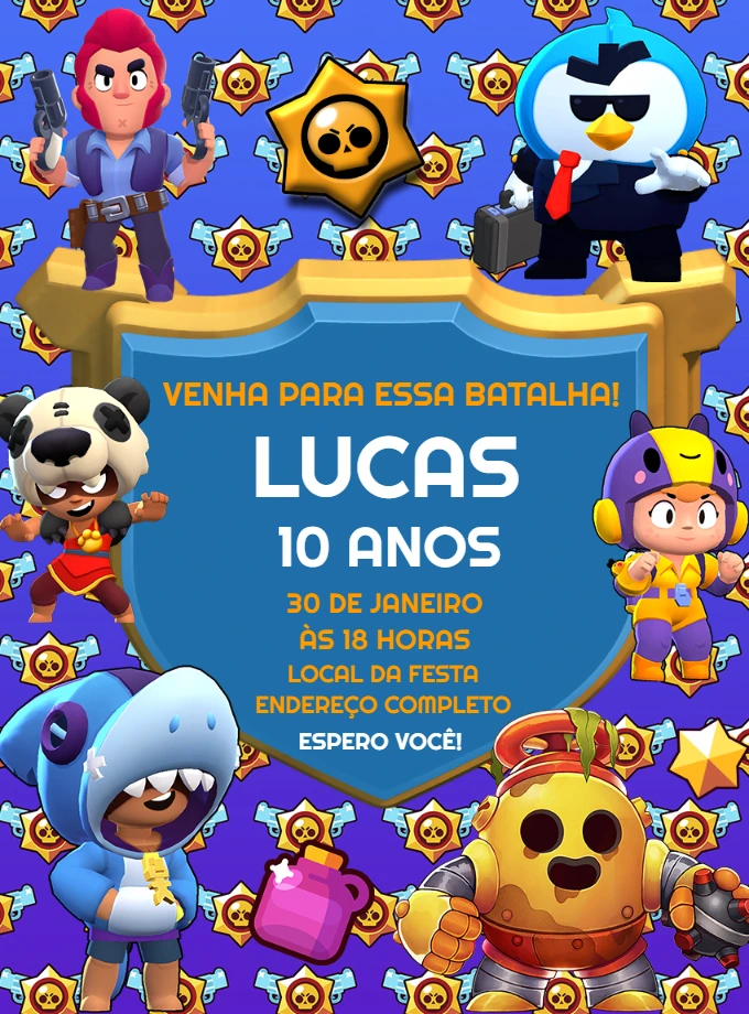 Convite de Aniversário Brawl Stars com Personagens para Editar