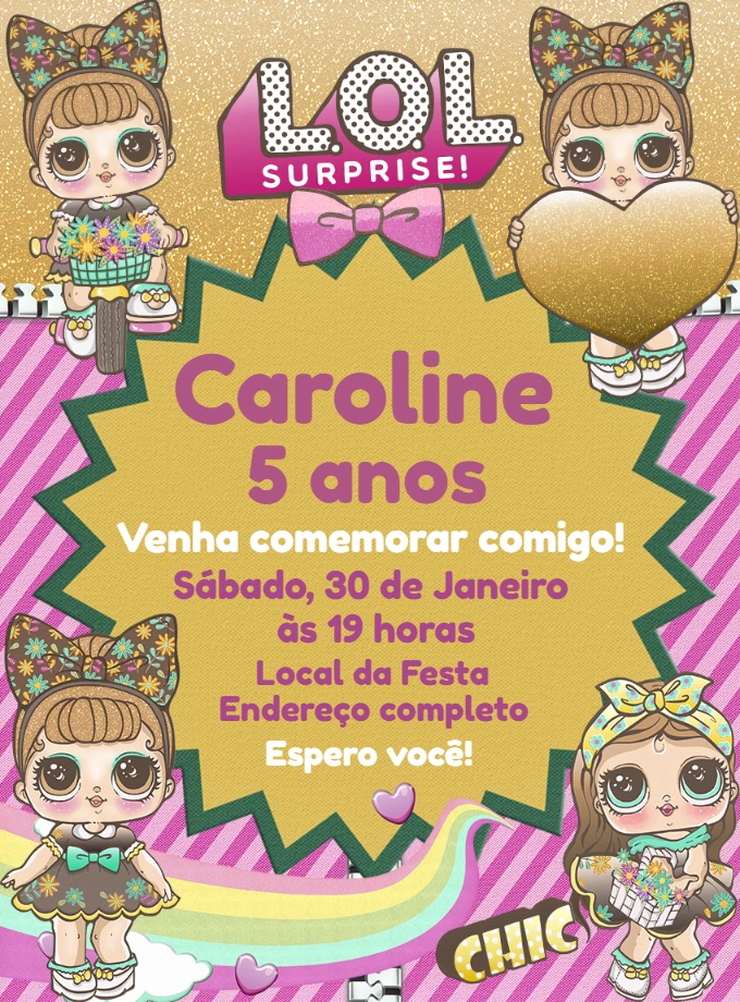 Convite Aniversário Lol Surprise Dourado para Editar Online