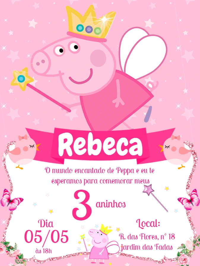 Convite Aniversário Peppa Pig Fada para Editar Online