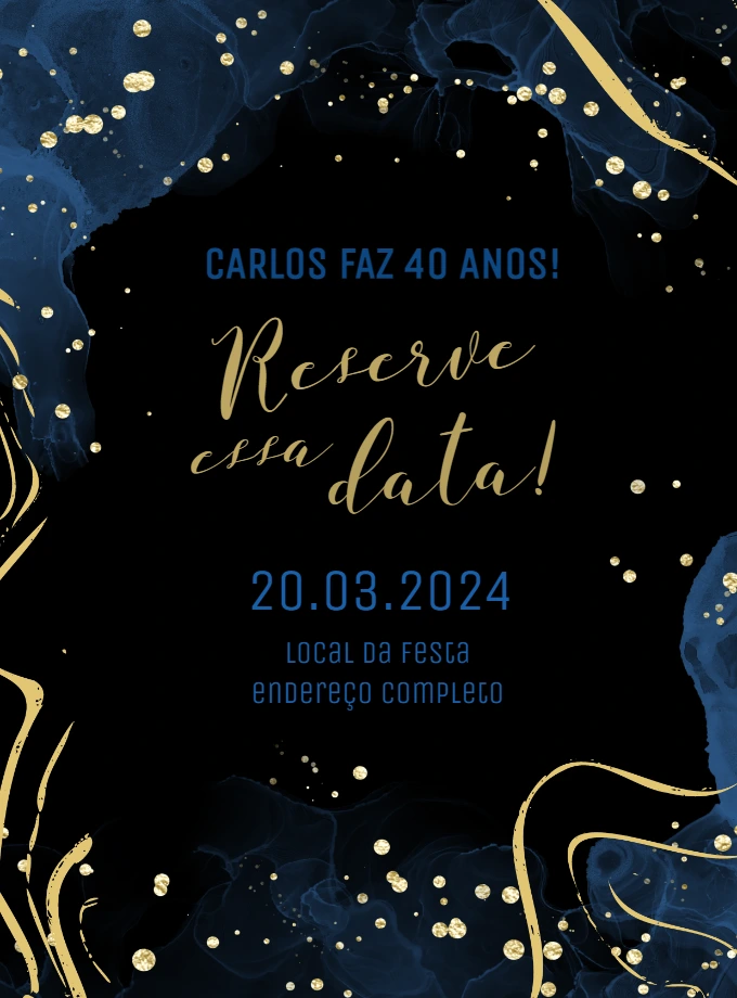 Convite Aniversário Mármore Azul e Dourado para Editar Online