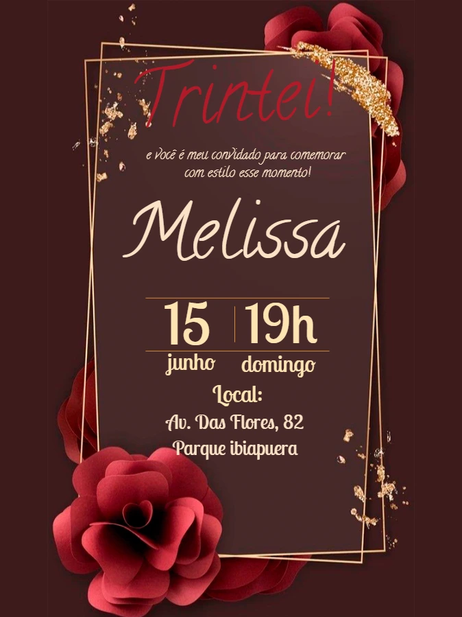 Convite de Aniversário Floral Marsala e Dourado para Editar