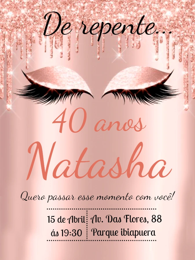 Convite Aniversário Rosê Gold Glitter e Cílios para Editar