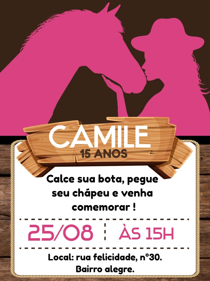 Convite Aniversário Boiadeira Country para Editar Online