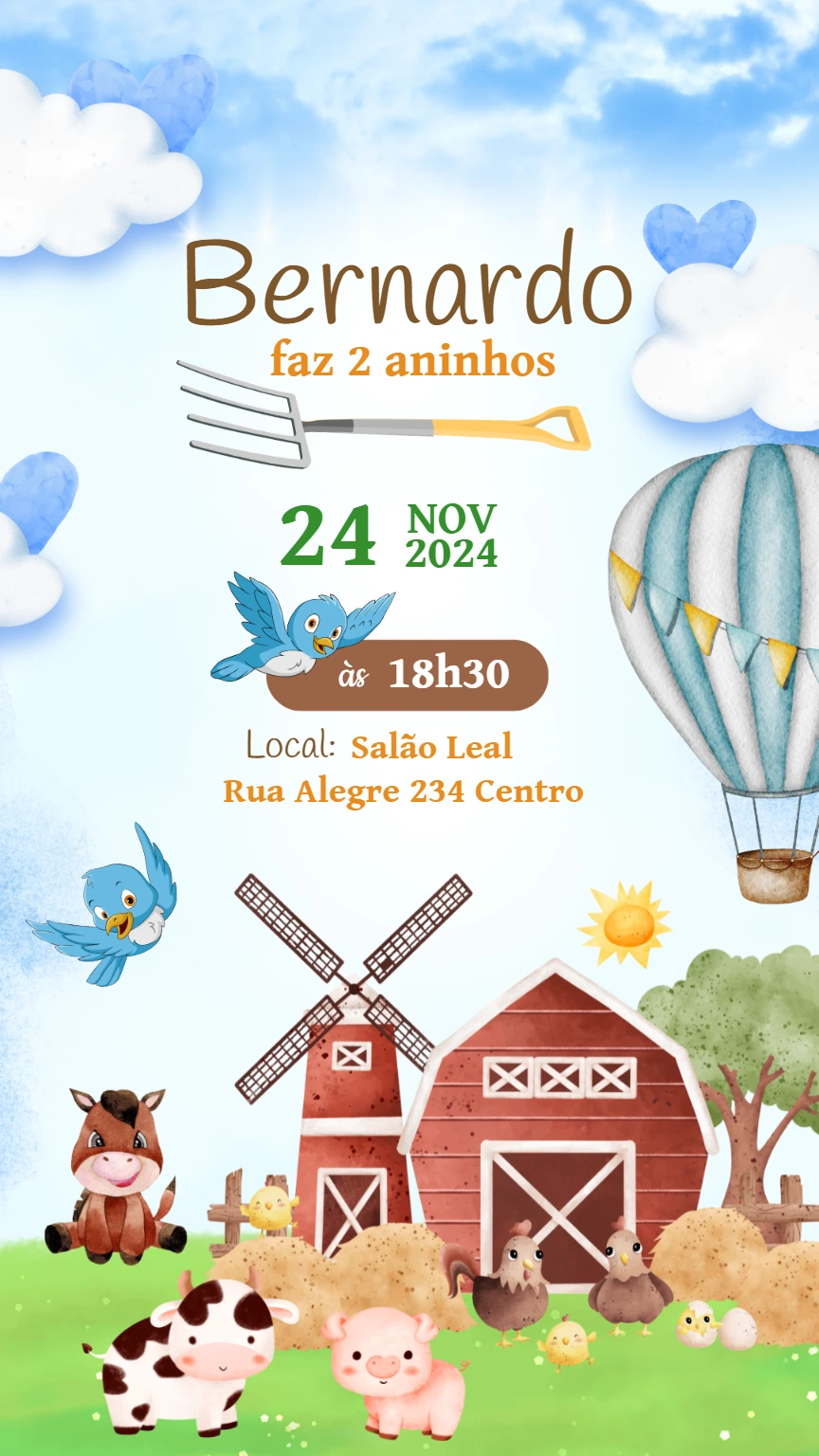 Convite Aniversário Fazendinha com Animais para Editar Online