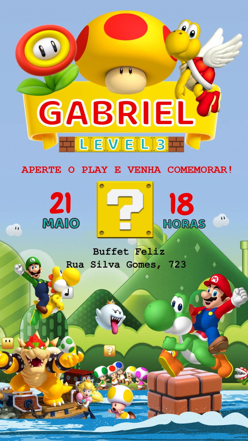 Convite de Aniversário Super Mario Bros para Editar Online