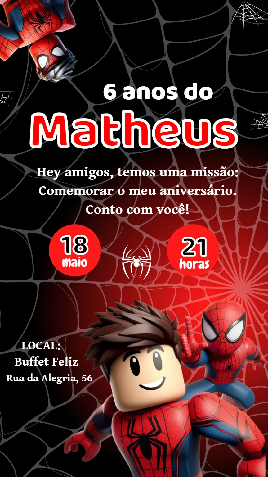 Convite Aniversário Homem Aranha Boneco para Editar Online
