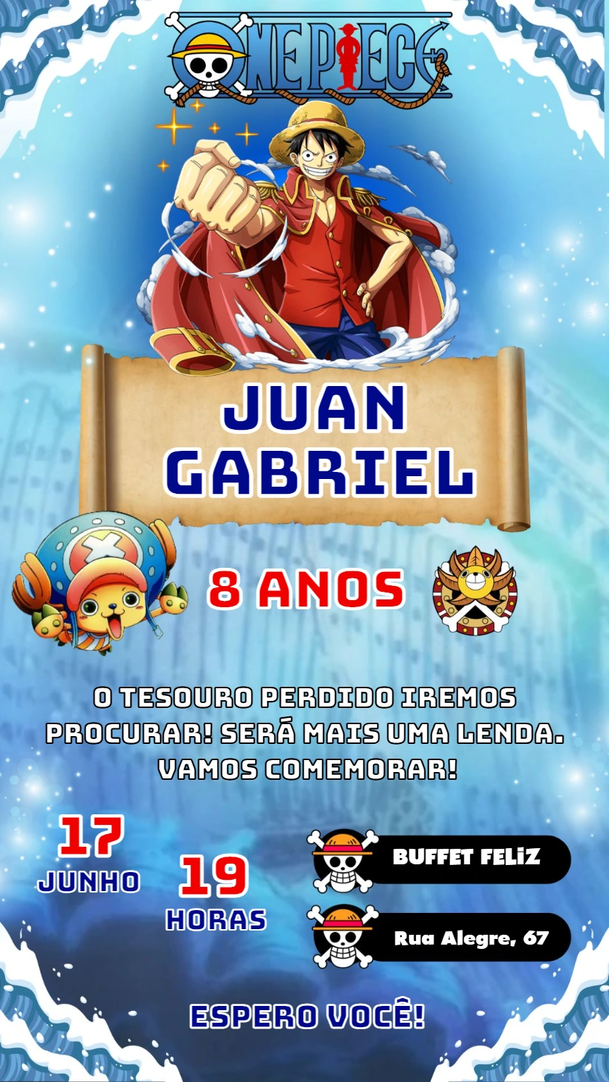 Convite Aniversário One Piece com Luffy para Editar Online