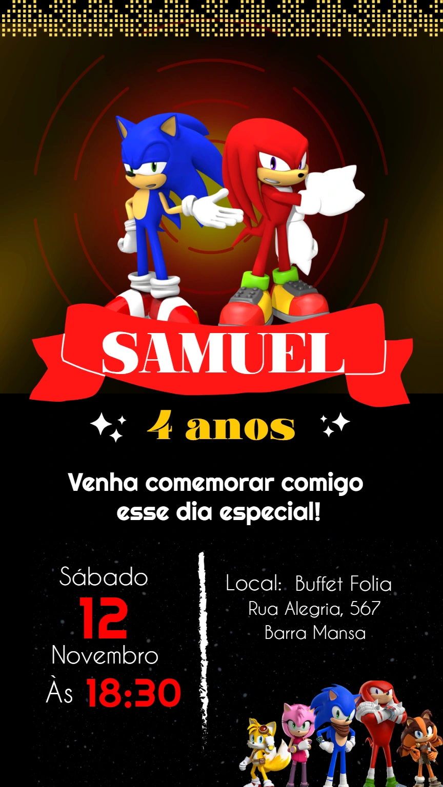 Convite de Aniversário Sonic e Knuckles para Editar Online