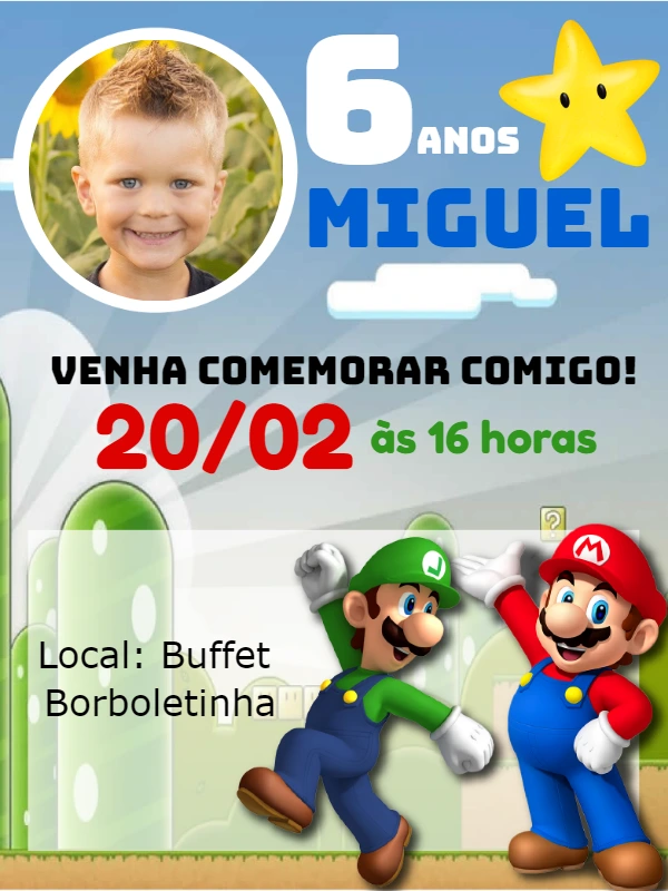 Convite Aniversário Super Mario com Foto para Editar Online