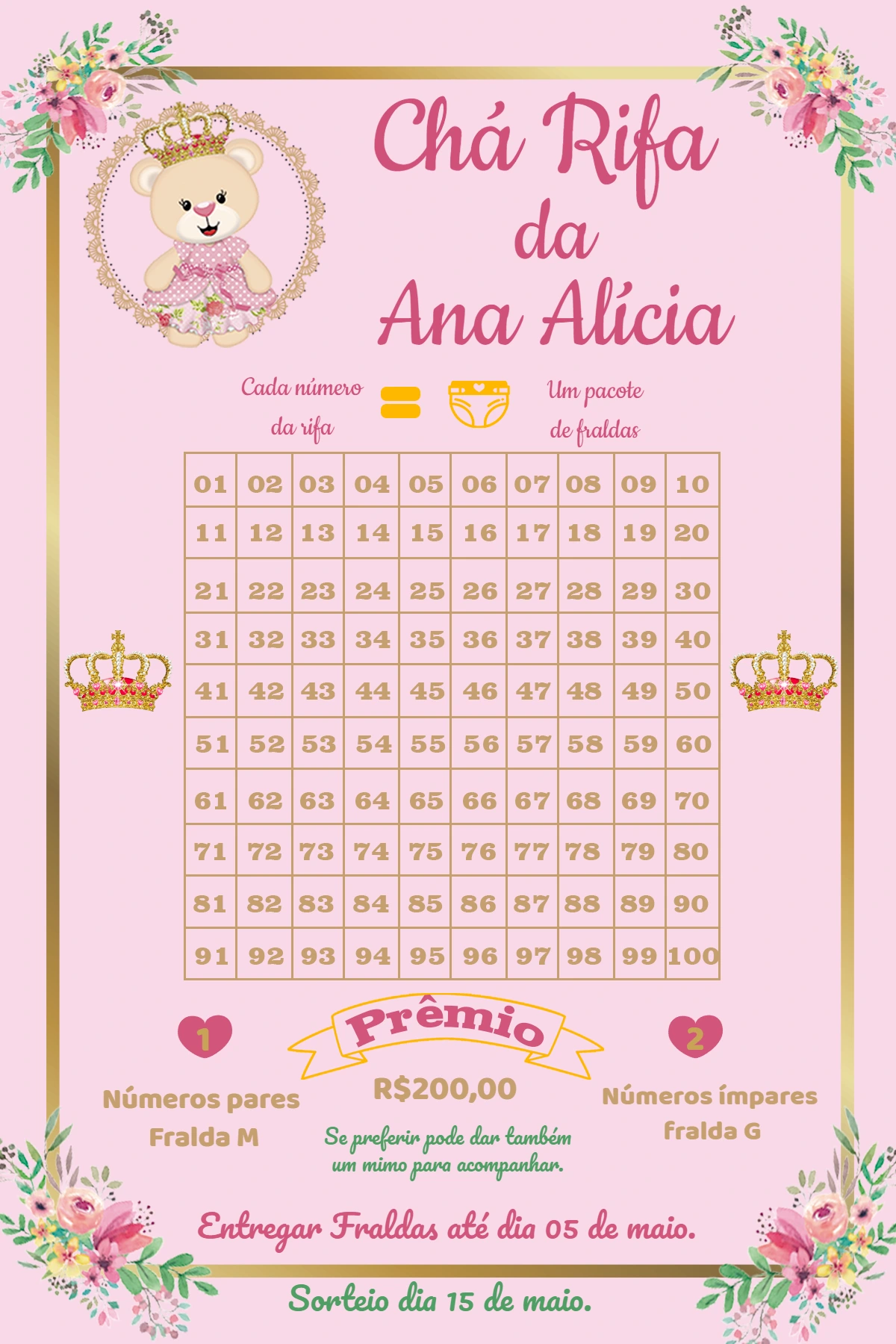 Rifa Chá de Bebê Ursinha Princesa para Editar Online